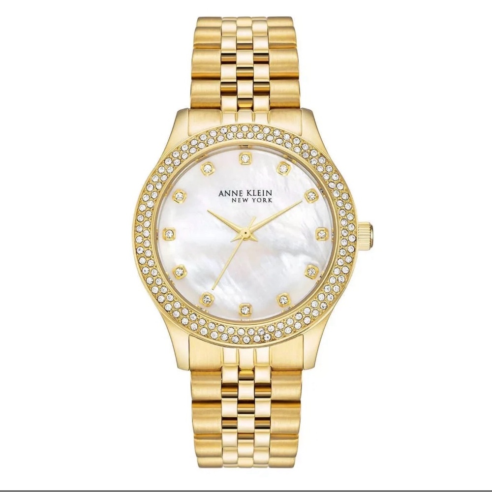Anne Klein Mother of Pearl Gold-Tone Watch with Crystal Bezel